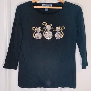 Karen Scott Sparkly Rhinestone Cat Motif 3/4 Sleeve Top in Women's Size S